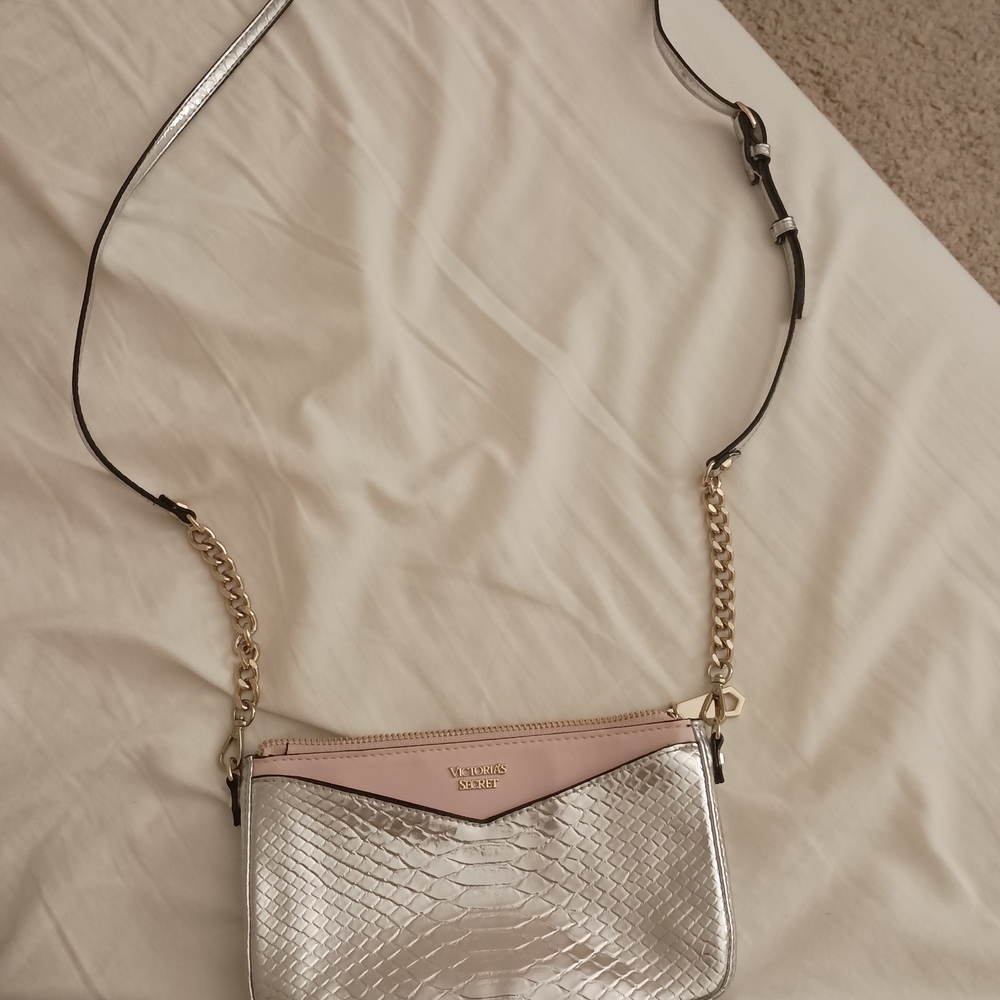 Victoria's Secret Silver and Pink Crossbody Bag with Chain Detail